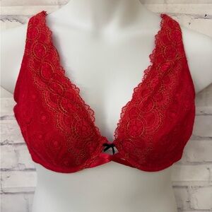 Cacique Plunge Bra Size 42DD Red Gold Underwire‎ Lace Sexy Bow Lingerie